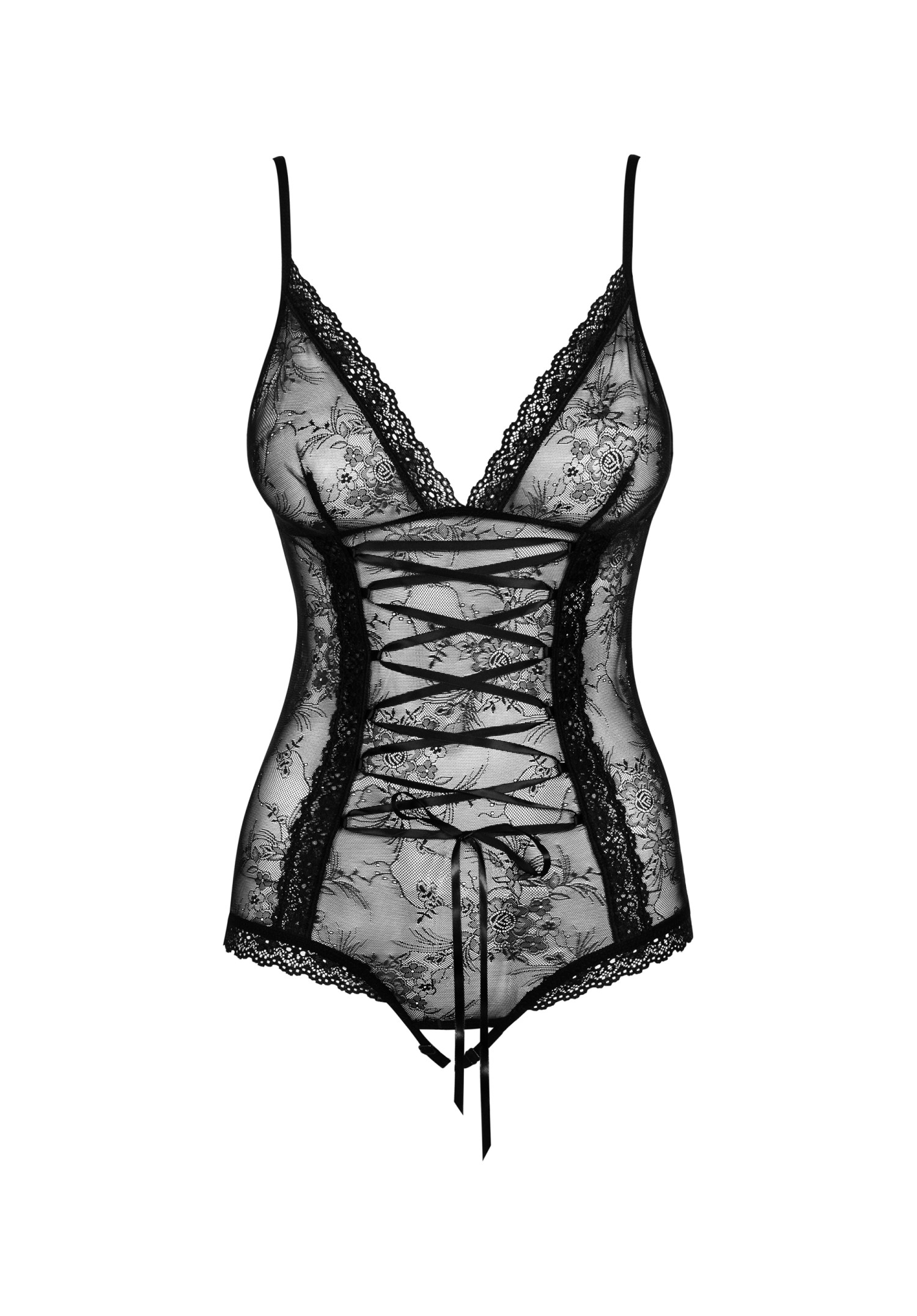 Czarne koronkowe body z sznurowaniem i otwartym krokiem – Slevika Teddy 4 Czysty packshot czarnego sznurowanego body z miękkimi miseczkami Obsessive Slevika