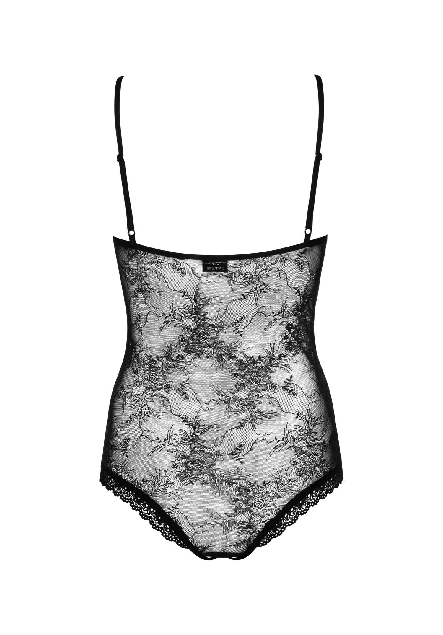 Czarne koronkowe body z sznurowaniem i otwartym krokiem – Slevika Teddy 5 Konstrukcja tyłu czarnego koronkowego body Slevika z regulacją ramiączek packshot