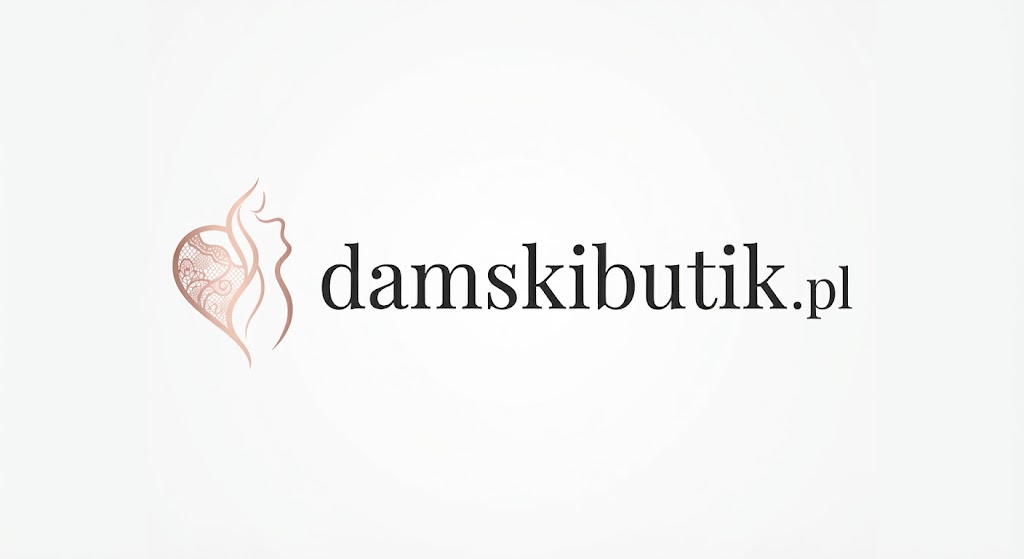 Logo butiku internetowego damskibutik.pl w kolorze różowego złota na białym tle, przedstawiające abstrakcyjny symbol łączący koronkę i kobiecą sylwetkę.